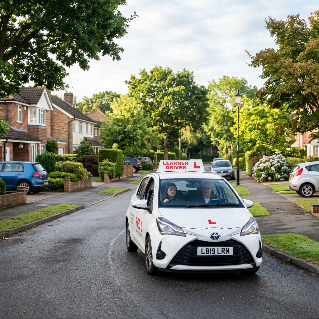 White learner driver car with instructor and student driving in suburban neighborhood
