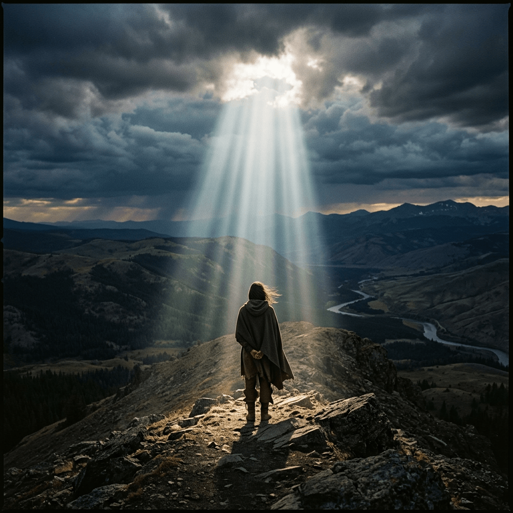Person standing on rocky ridge with sunlight beams shining through dark clouds
