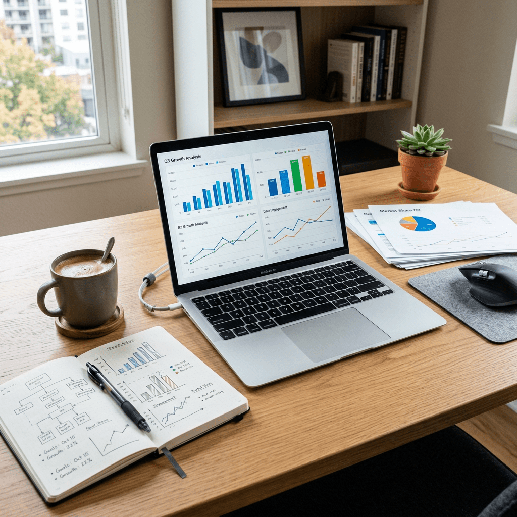 Laptop showing bar and line charts, notebook with graphs and notes, coffee cup on wooden desk