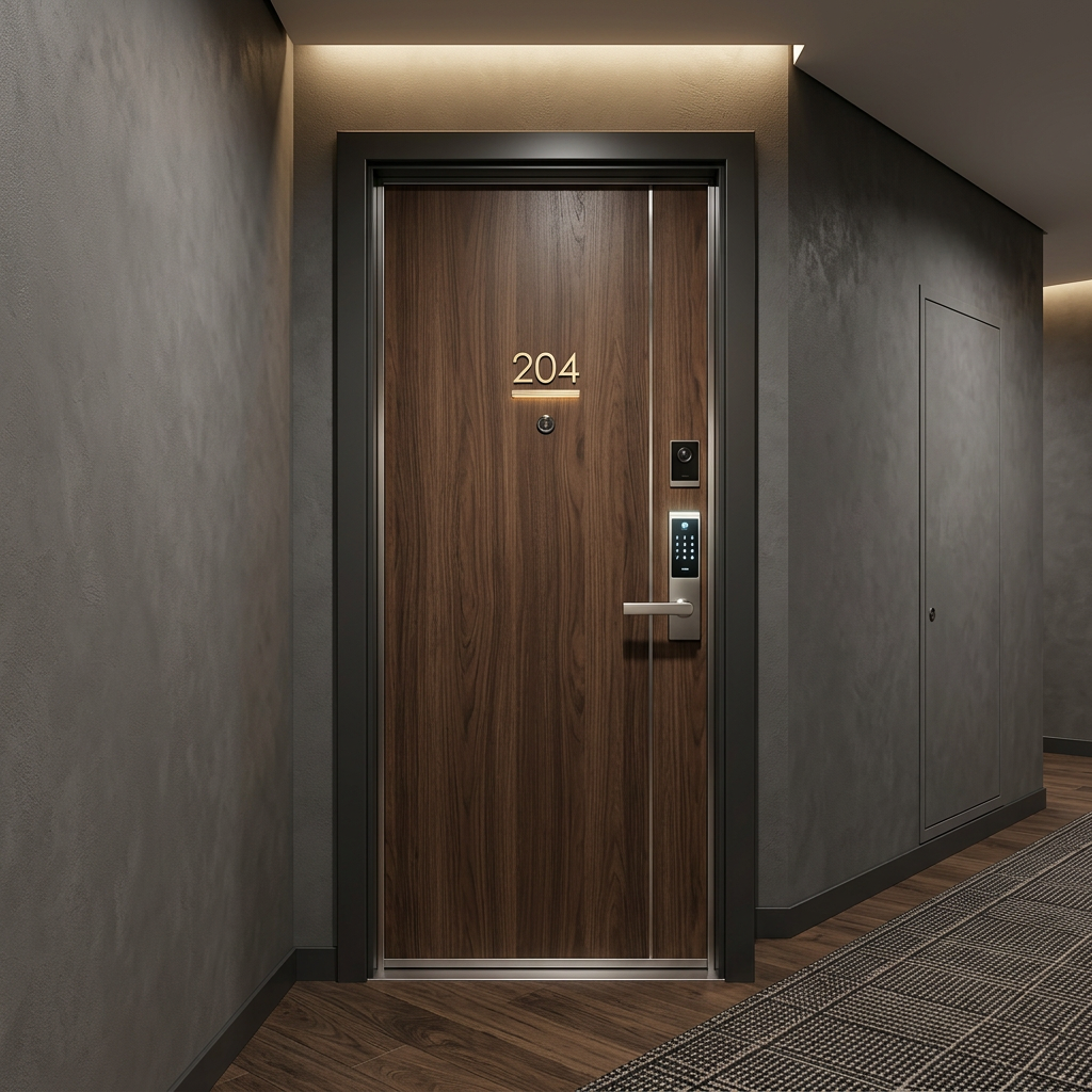 Dim hallway with aged wooden door numbered 204 and peeling walls