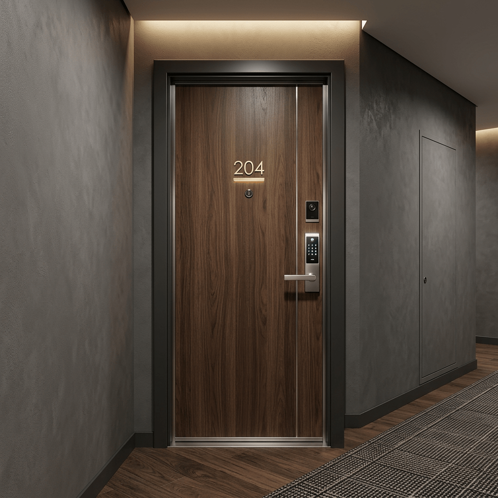 Dim hallway with aged wooden door numbered 204 and peeling walls
