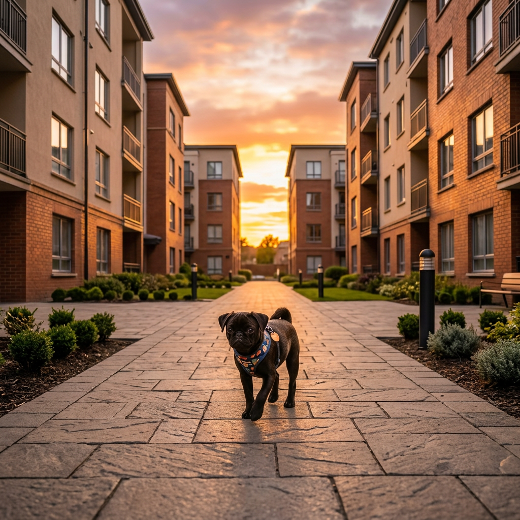 Black pug puppy wearing a blue harness walking on a gravel path at sunset