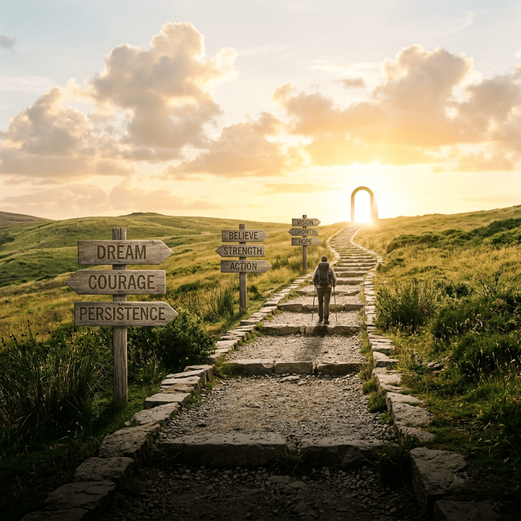 Hiker walking up a stone path with motivational wooden signs like Dream, Courage, Persistence, Believe, Strength, Action, Vision, Growth, Hope