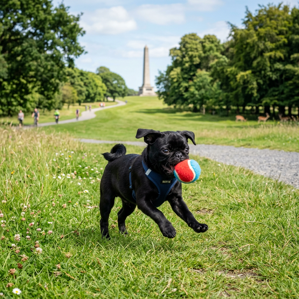 Black pug with a blue and red ball in its mouth running on grass in a park