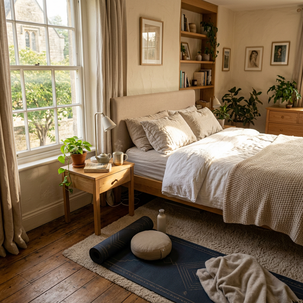 Sunlit bedroom with bed, bedside table, plants, yoga mat, and wooden furniture