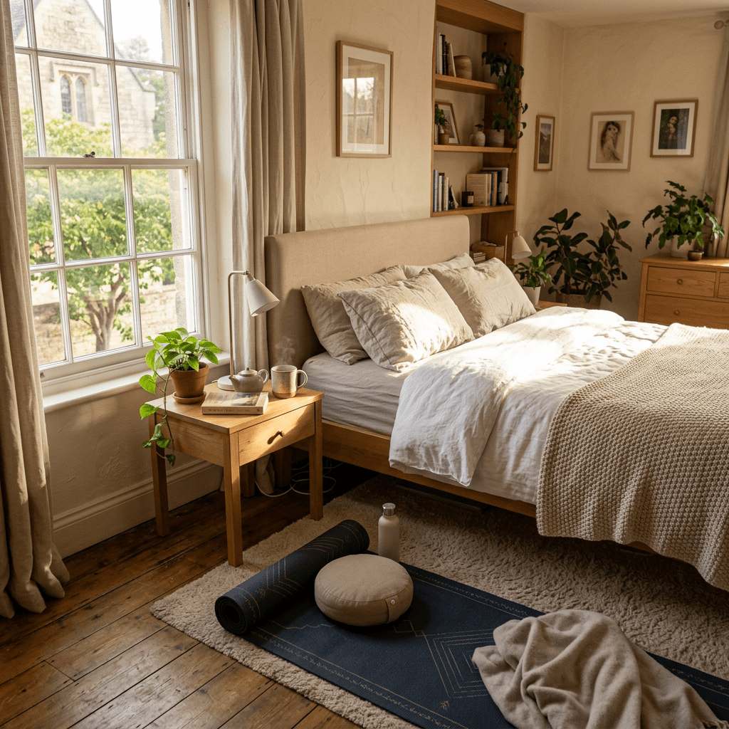 Sunlit bedroom with bed, bedside table, plants, yoga mat, and wooden furniture