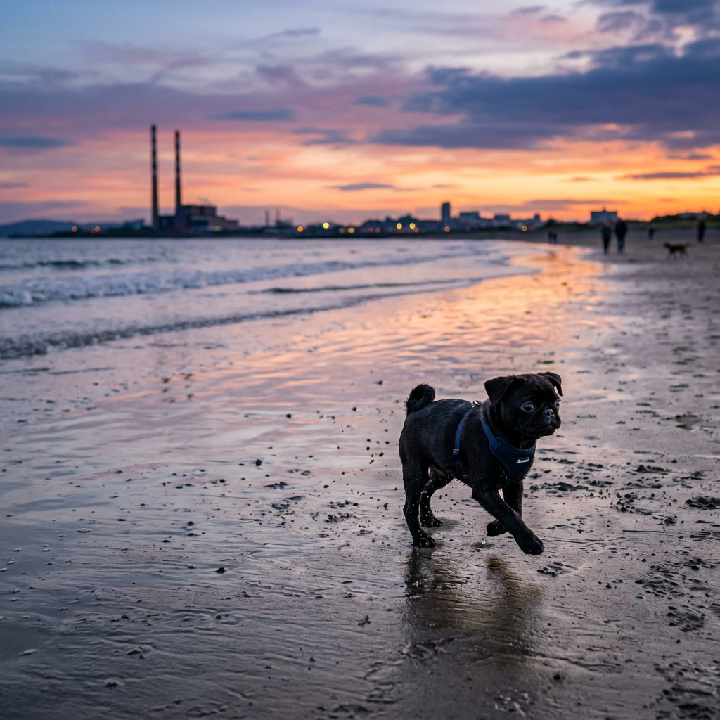 Pug puppy walking on wet sand at sunset on the beach