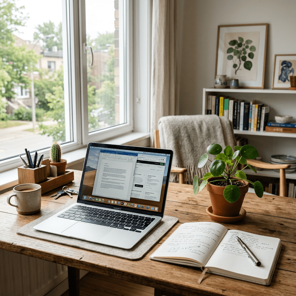 Laptop open on wooden table with notebook, pen, and potted plants near window