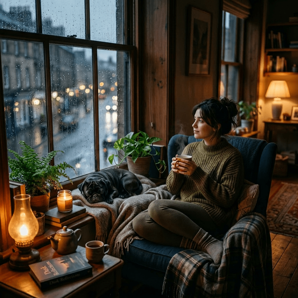 Woman sitting in armchair holding mug, looking out rainy window with cat sleeping on blanket nearby