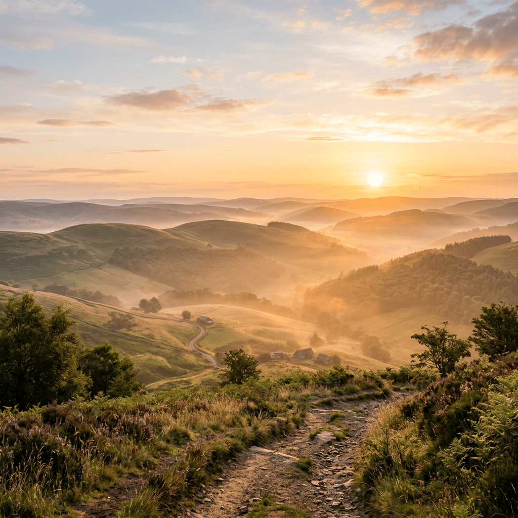 Rolling green hills covered in morning mist under a rising sun with a dirt path in the foreground