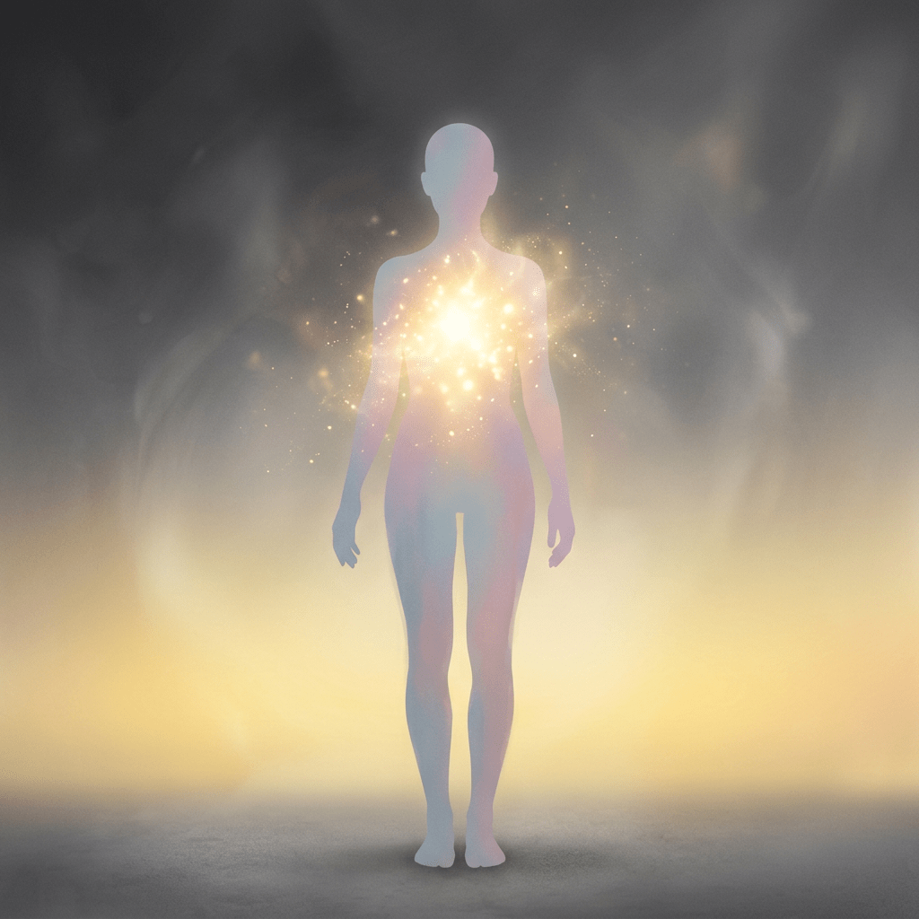 Silhouette of a human figure with bright glowing light at the chest area surrounded by sparkles