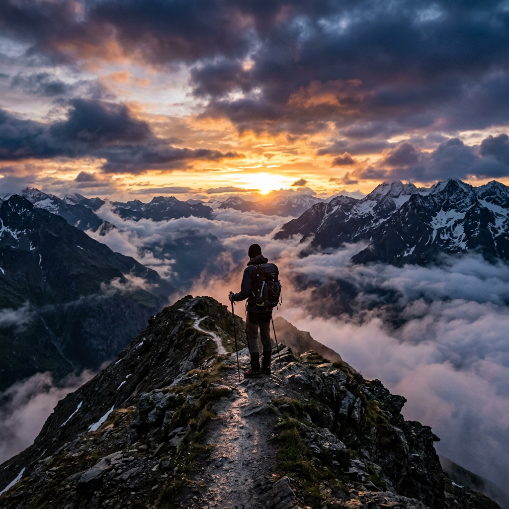 Hiker on mountain ridge at sunset with clouds and snowy peaks