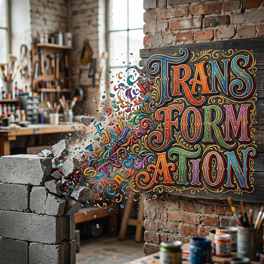 Colorful and ornate lettering spelling 'TRANSFORMATION' emerging from broken concrete blocks