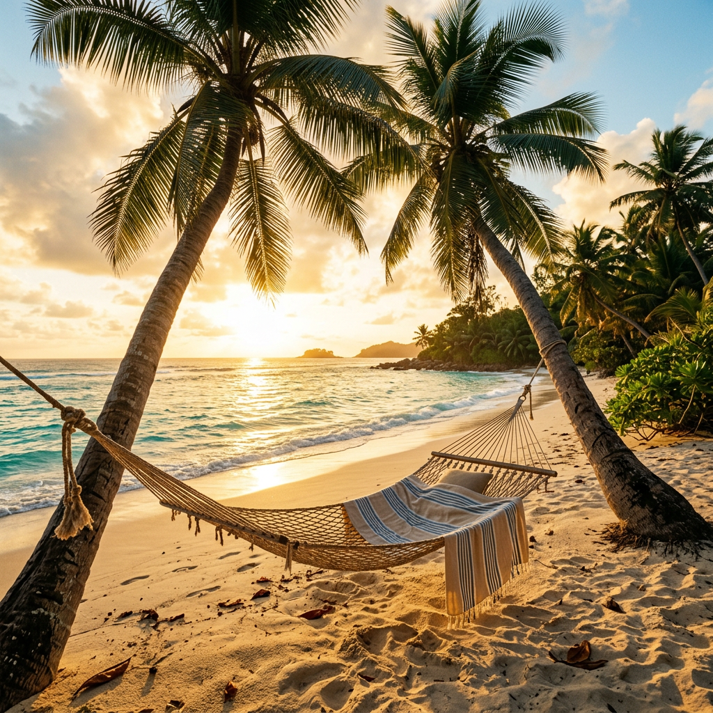 Hammock tied between two palm trees on tropical beach during sunset