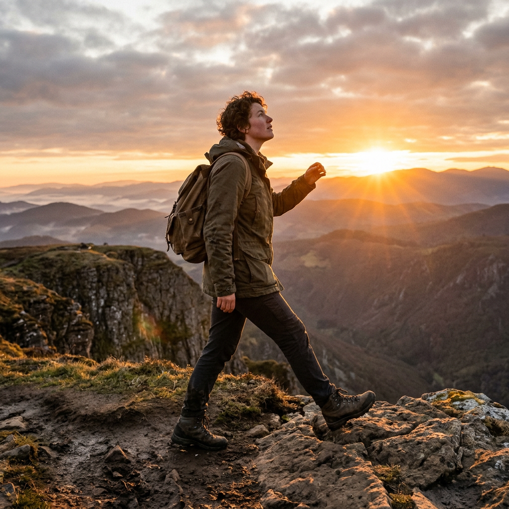 Person hiking on rocky mountain trail at sunrise with backpack