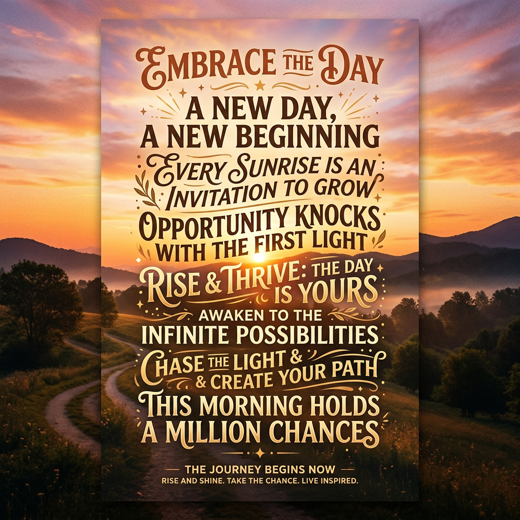 Inspirational text over a sunrise landscape about new beginnings and opportunities