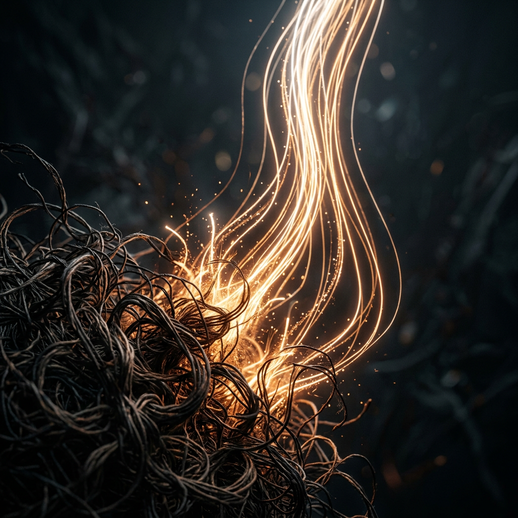 tangled fibers emitting bright glowing light strands