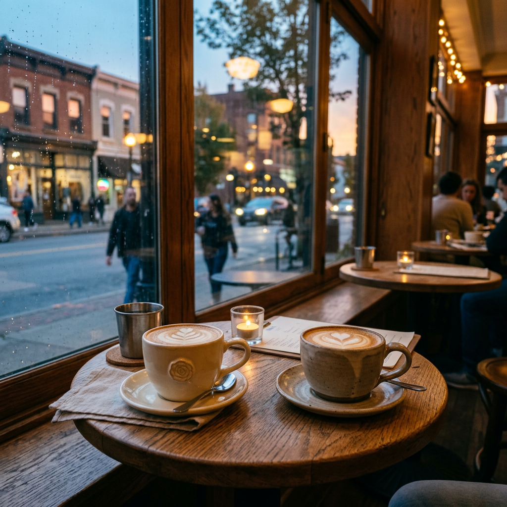 Two lattes on a wooden table by a rainy window in a coffee shop with people outside and inside.