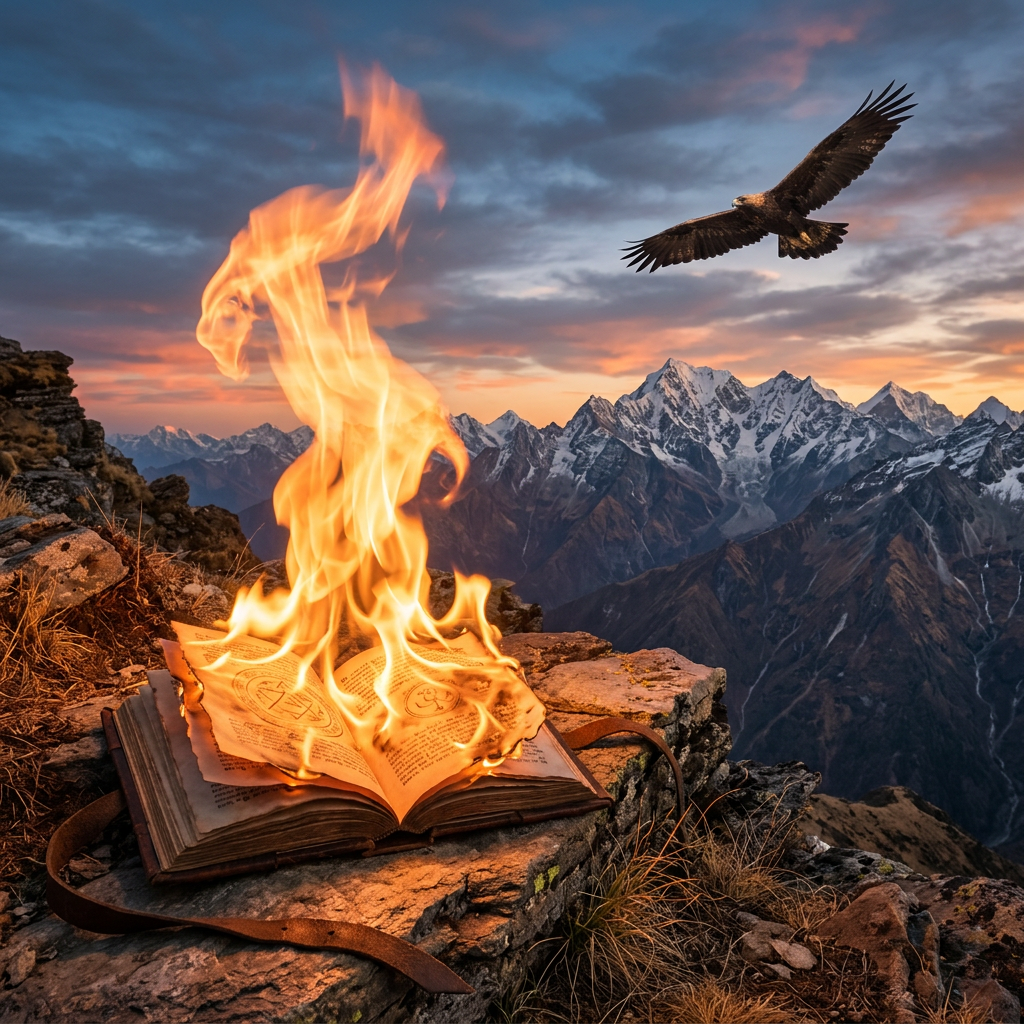 Burning ancient book on mountain rock with eagle flying and snowy peaks