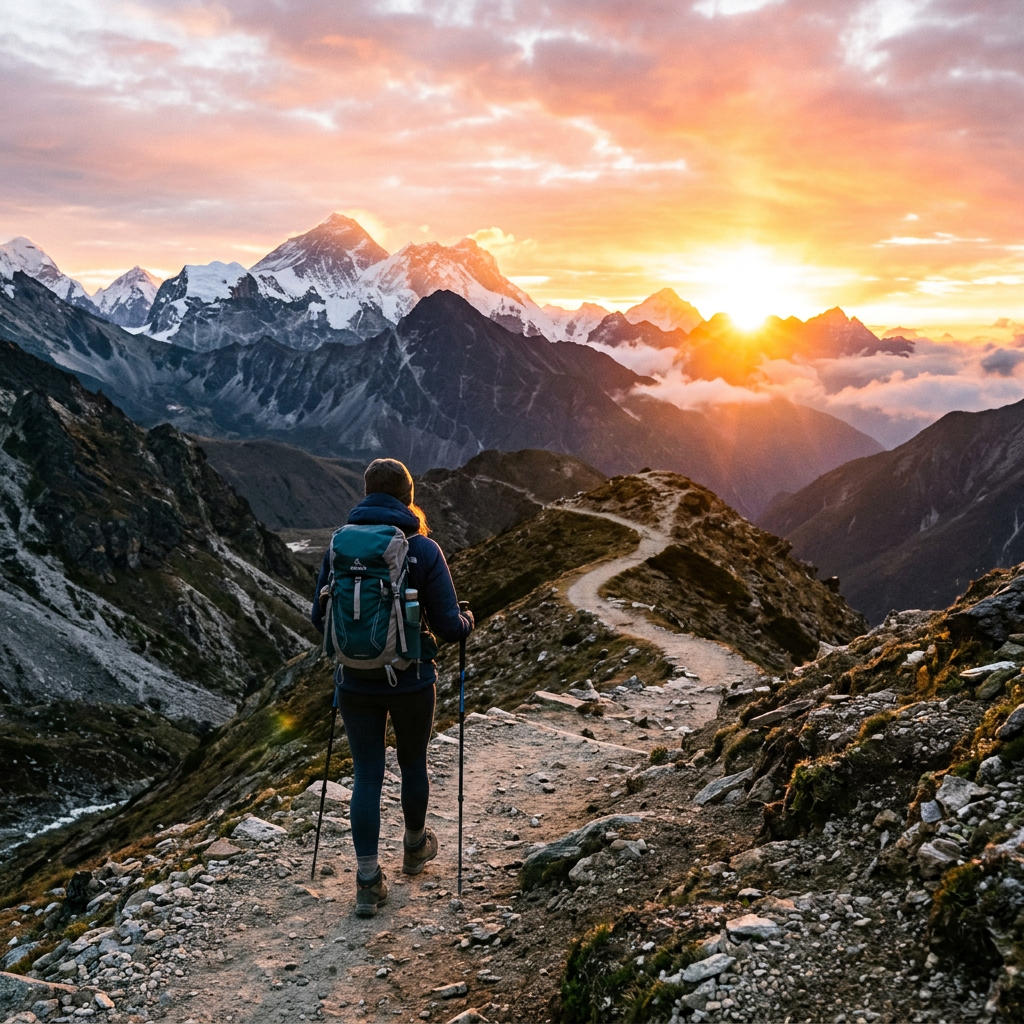 Hiker with backpack and trekking poles on mountain path during sunrise