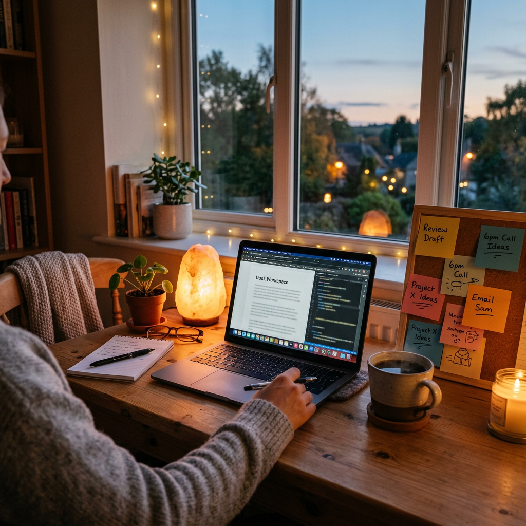 Person working on a laptop at a wooden desk with plants, a salt lamp, notes on a corkboard, and a candle near a window showing evening sky.
