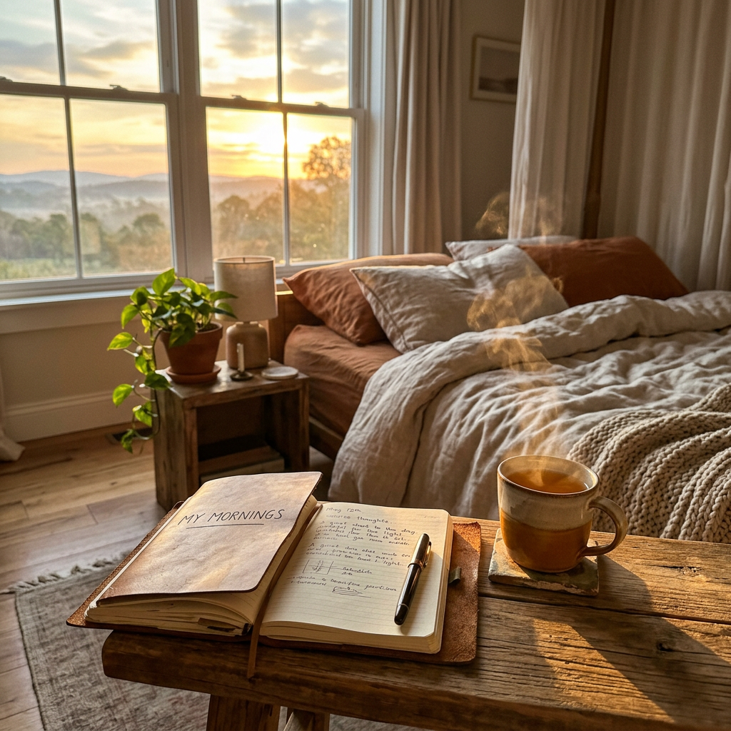 Open journal with 'MY MORNINGS' title, pen, steaming coffee cup on wooden table beside cozy bed