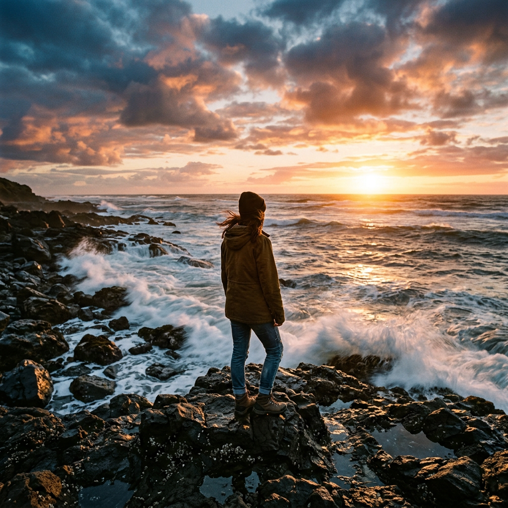 Person standing on rocky coastline watching sunset over ocean