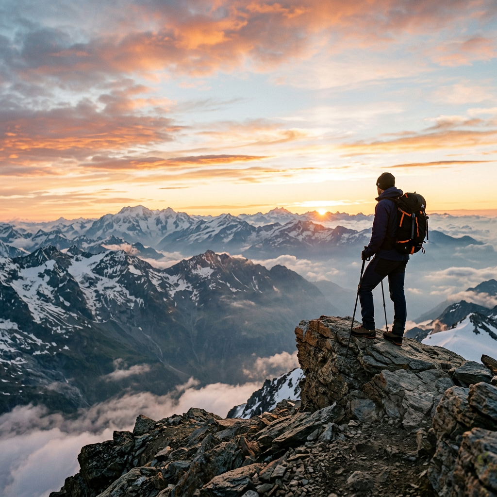 Hiker standing on rocky summit looking at sunset over snow-covered mountain range