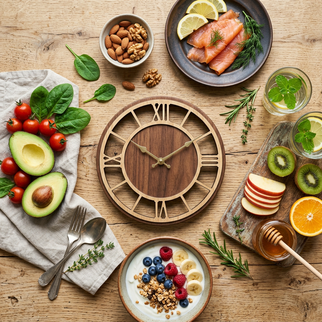 Wooden clock with various healthy foods including avocado, cherry tomatoes, nuts, smoked salmon, yogurt with berries and granola, sliced fruits, and honey