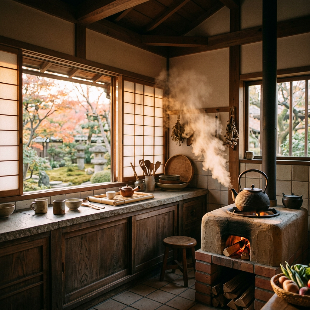 Cozy traditional Japanese kitchen with wooden cabinets, shoji windows, and a steaming iron kettle on a wood stove