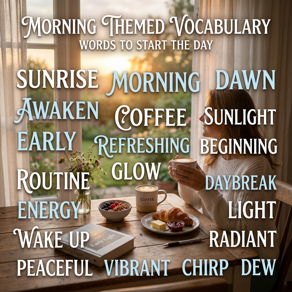 Add morning-themed vocabulary text overlay
