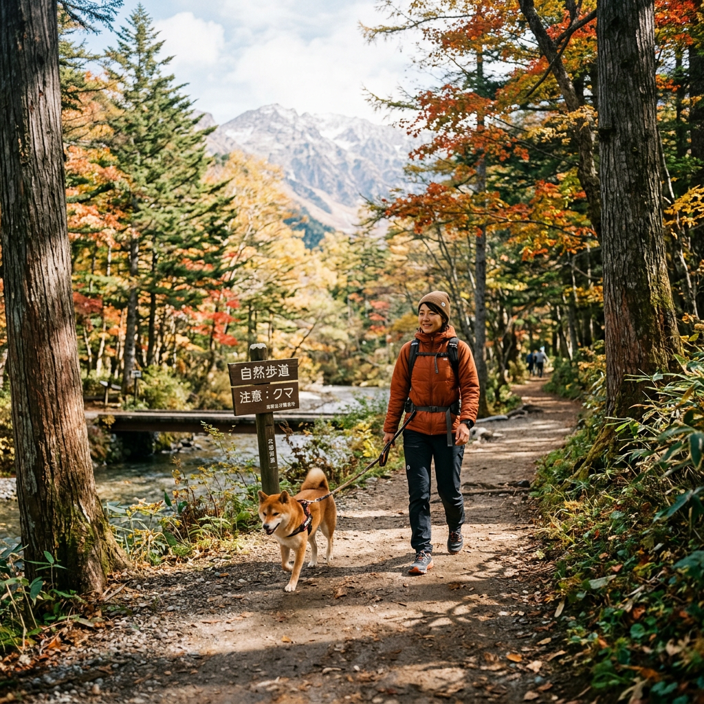 Person walking a dog on a forest trail with autumn foliage and mountains in the background