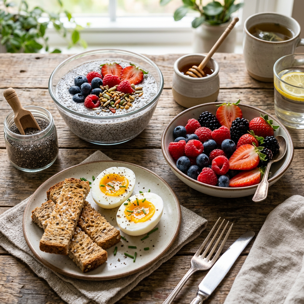 Chia pudding with mixed berries, bowl of fresh berries, boiled eggs, toast, honey jar, tea, and lemon water on wooden table