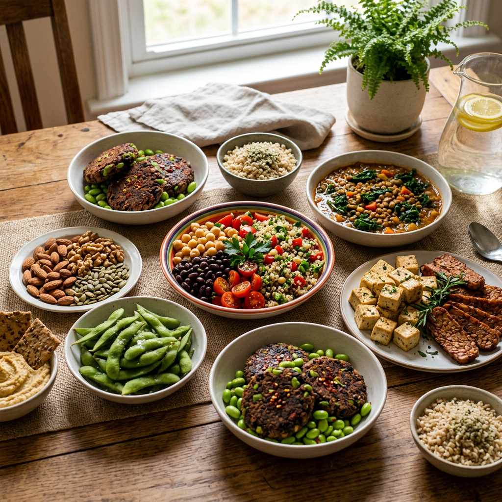 Bowls and plates with falafel, quinoa salad, chickpeas, tofu, tempeh, nuts, edamame, and lentil stew