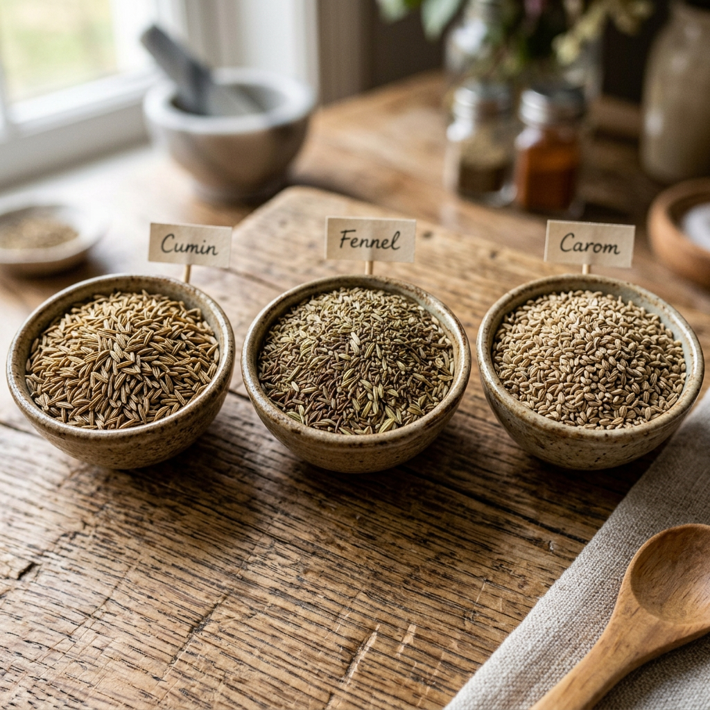 Bowls of cumin, fennel, and carom seeds with labels