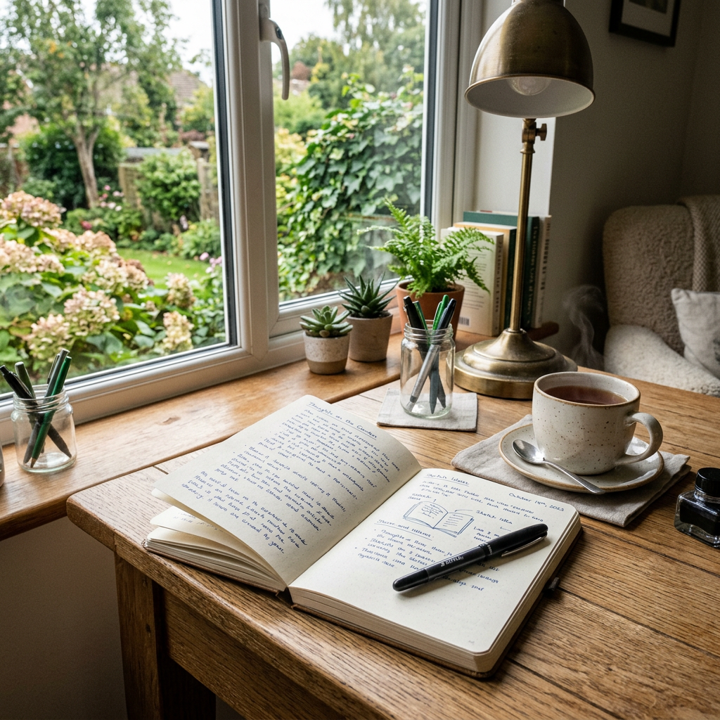 Journal open on wooden desk with pen, cup of tea, potted plants, and writing lamp by window