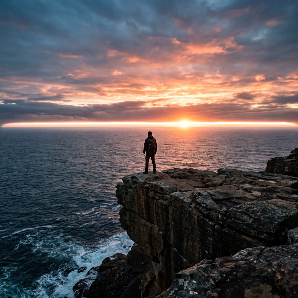 Person standing on cliff edge overlooking ocean at sunset with dramatic clouds
