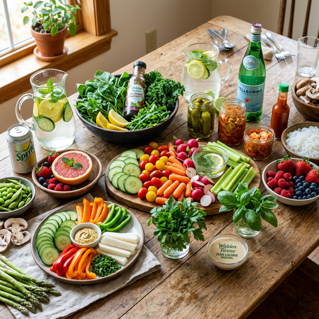 Fresh vegetables, fruits, sauces, and drinks arranged on a wooden table