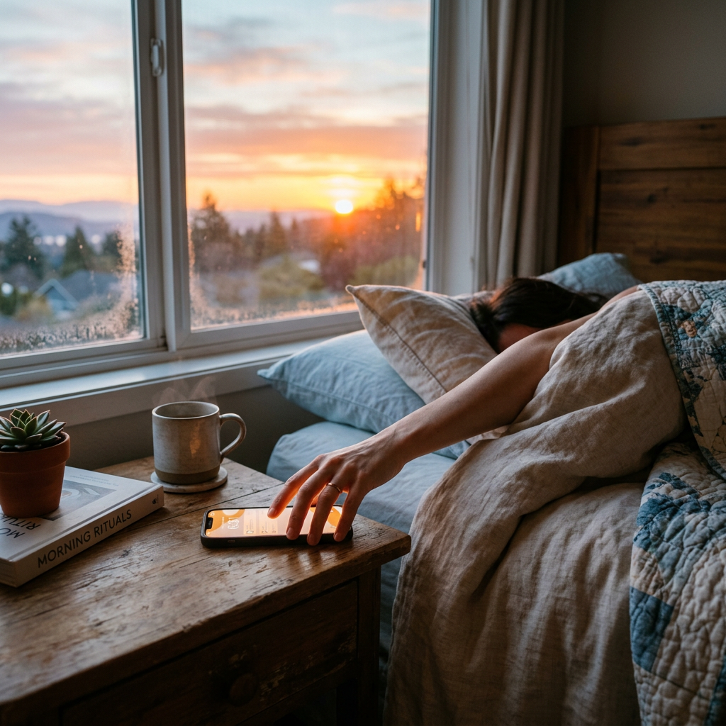 Person in bed reaching for phone on bedside table during sunrise