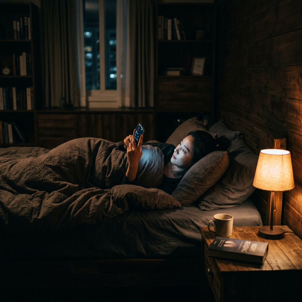 Woman lying in bed under blanket using smartphone with lamp on bedside table