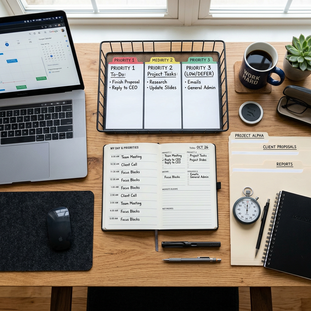 Desk with laptop, priority task board, planner, coffee, and office supplies