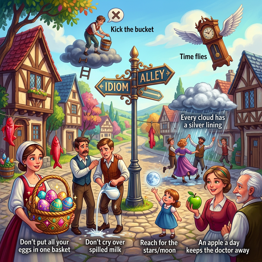 Storybook village illustrating six English idioms with text labels