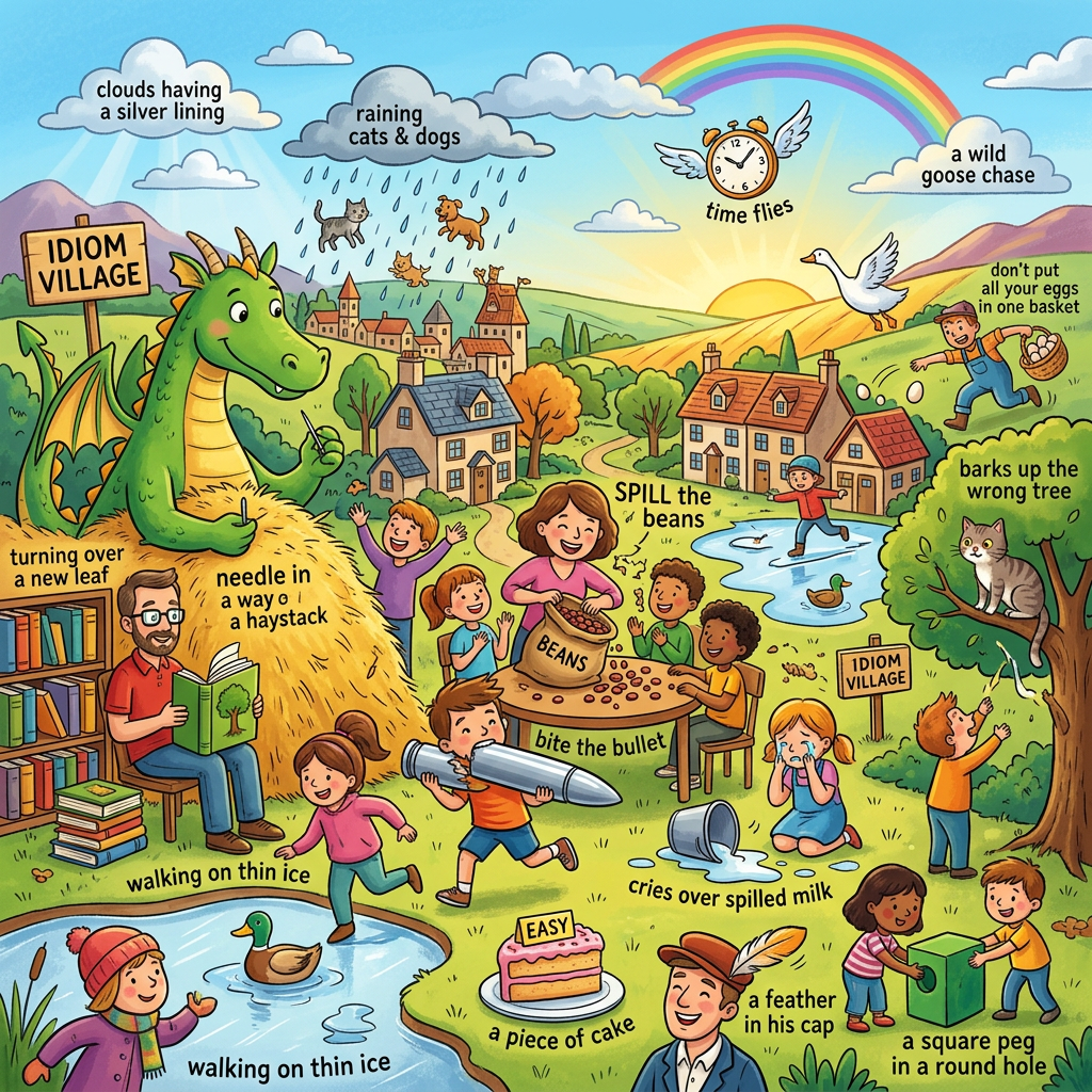Illustration labeled Idiom Village with clouds having a silver lining, raining cats and dogs, time flies, a wild goose chase, turning over a new leaf, needle in a haystack, spill the beans, bite the bullet, walking on thin ice, cries over spilled milk, a piece of cake, a feather in his cap, a square peg in a round hole, and barks up the wrong tree.