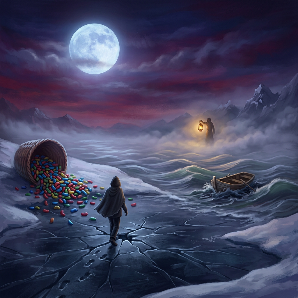 Cloaked traveler crossing cracked ice beneath a full moon, with a lantern bearer, boat, and spilled colorful stones
