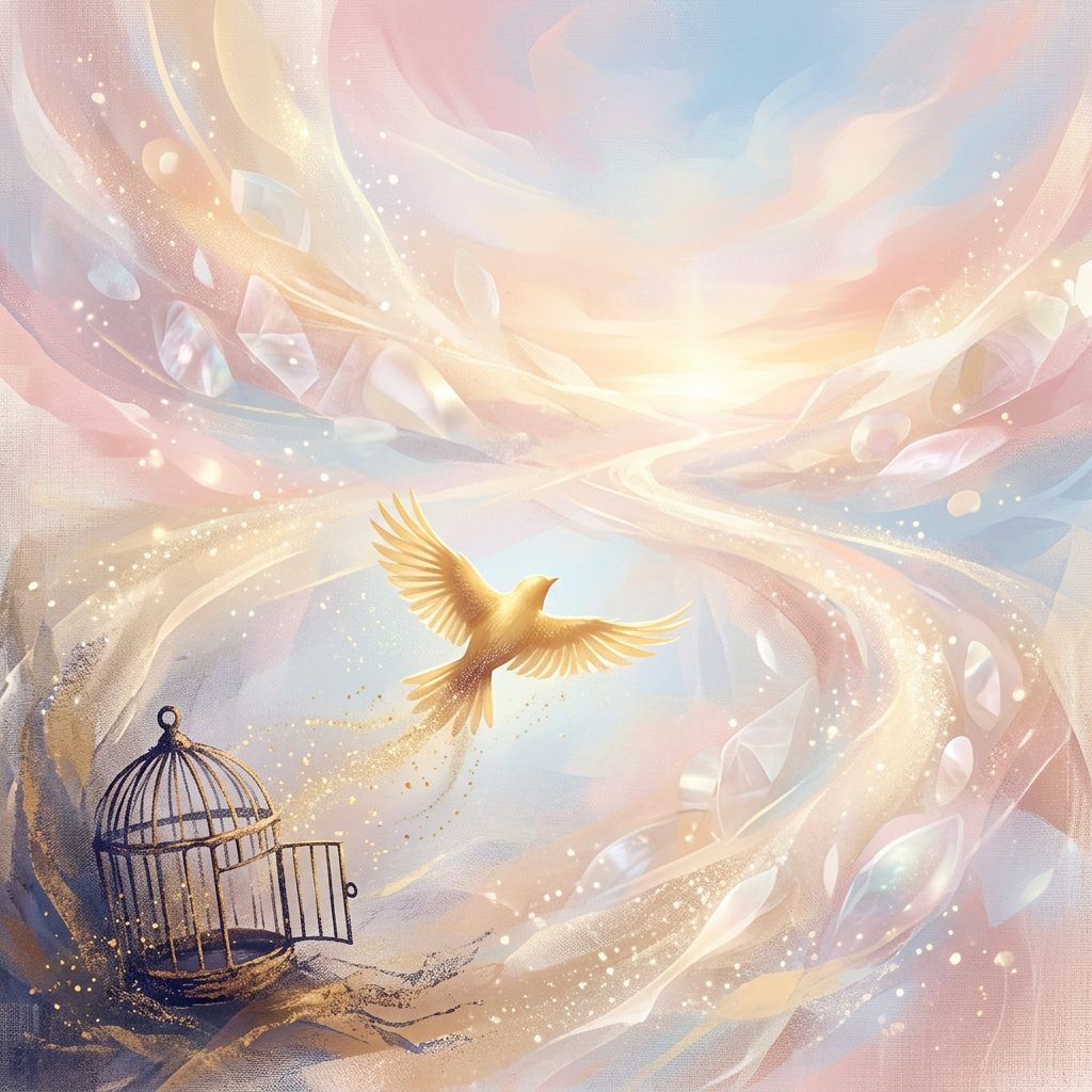 Golden bird flying above an open cage in a pastel dreamscape
