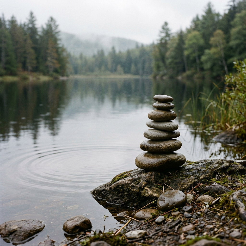 Stacked smooth stones on a mossy rock beside a forest lake