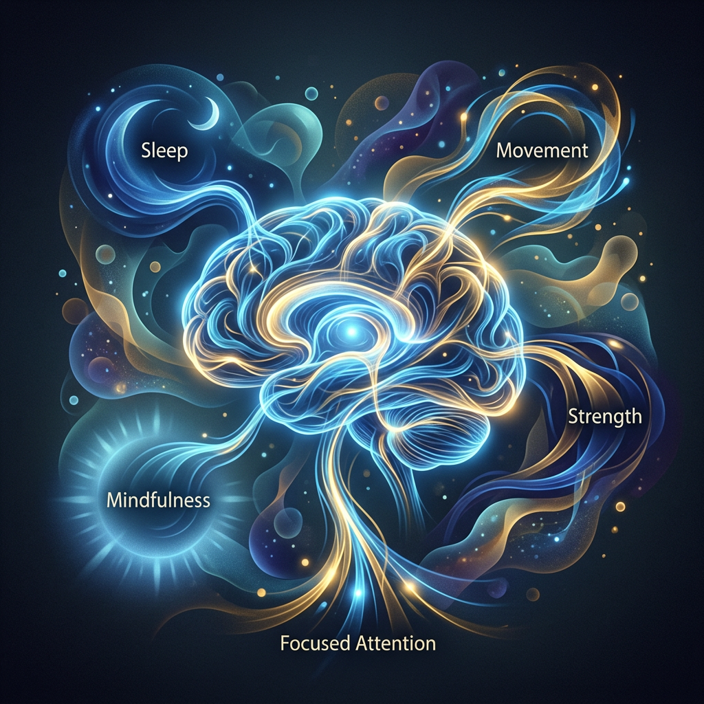 Illustrated brain labeled Sleep, Movement, Strength, Mindfulness, and Focused Attention