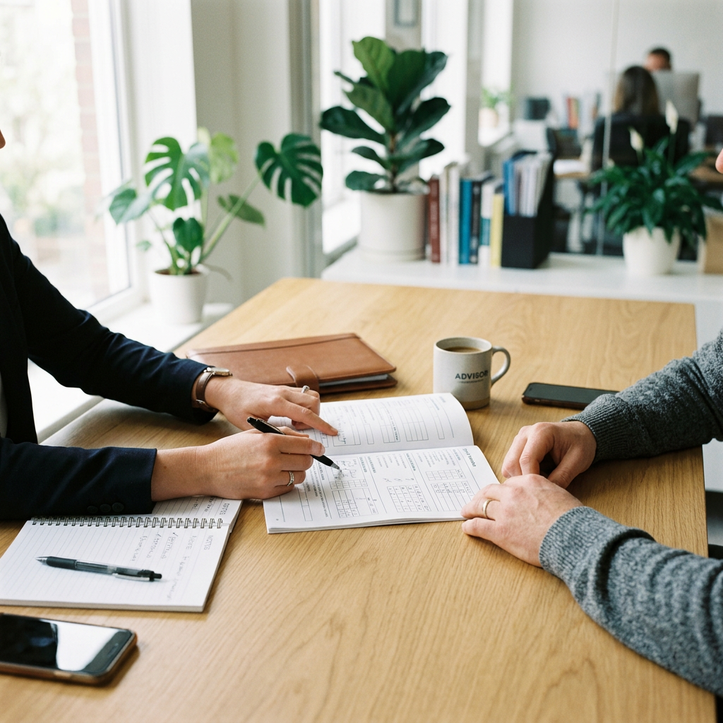 Two people reviewing financial documents at a desk in a bright office