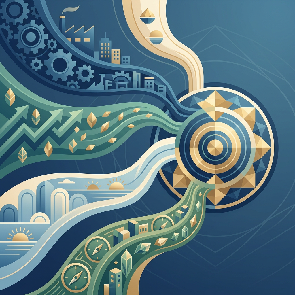 Abstract illustration of interconnected growth pathways, industry, nature, and a central target