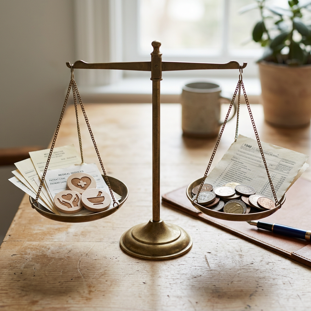 Balance scale comparing healthcare symbols and bills with coins